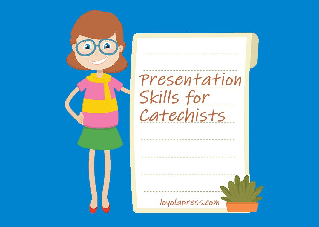 illustrated image of teacher next to board that reads "Presentation Skills for Catechists" - base image by Kidaha from Pixabay